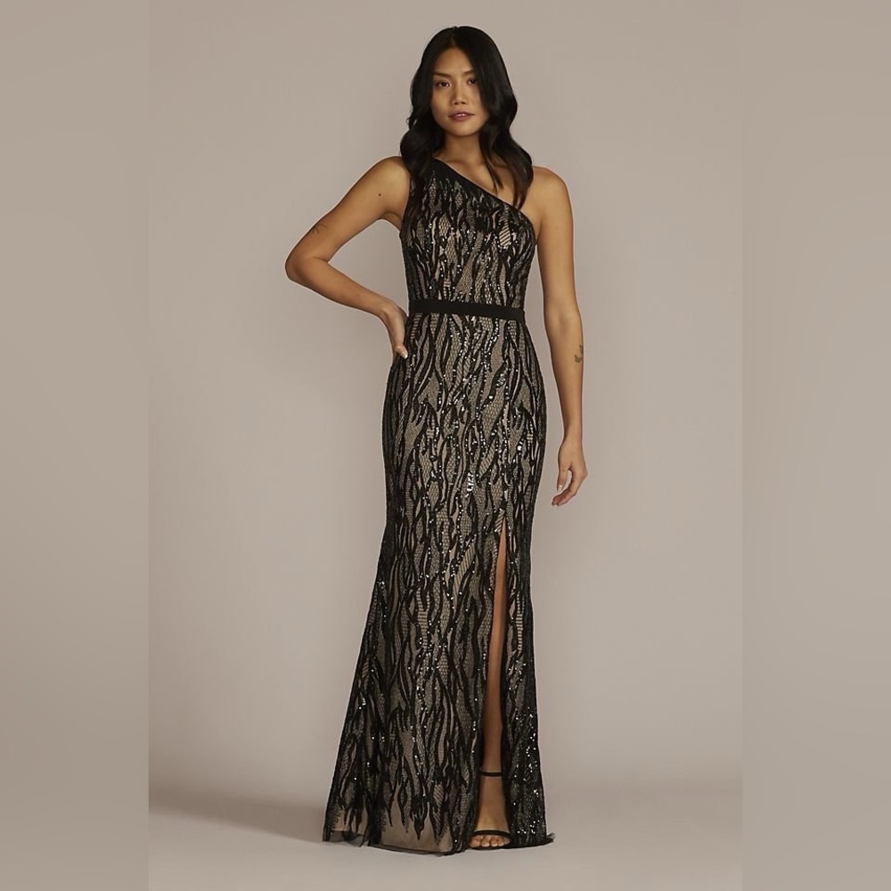 David’s Bridal Black One-Shoulder Evening Dress